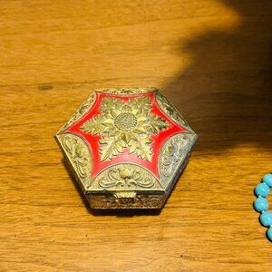 Vintage Brass and Red Enameled Footed Jewelry Ring Box Velvet Lined 1950s Japan
